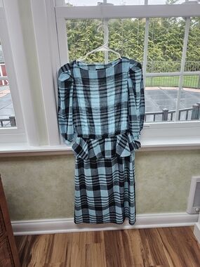 Vintage 80's Brioche Aqua and Black Plaid Peplum Midi Dress with Puff Sleeves